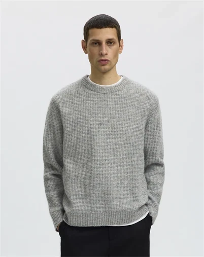 Selected - SLMRai Waffle Crew Strik - Light Grey Melange 